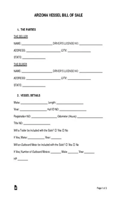 Arizona Vessel Bill Of Sale Form