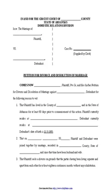 Arkansas Divorce Petition Form