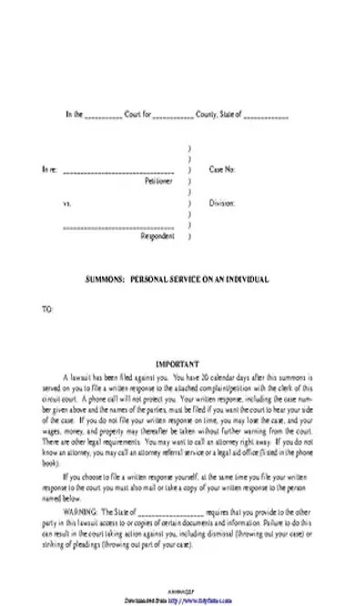 Arkansas Divorce Summons Form