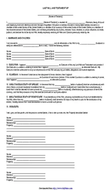 Arkansas Last Will And Testament Form