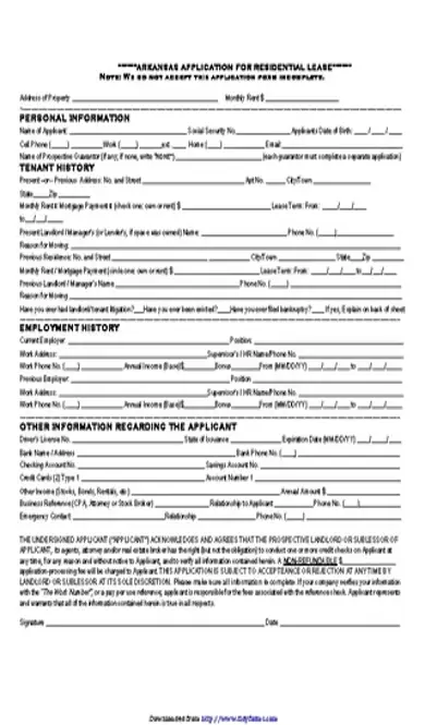 Arkansas Rental Application Template