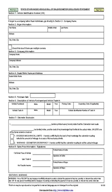 Arkansas Vehicle Bill Of Sale Form