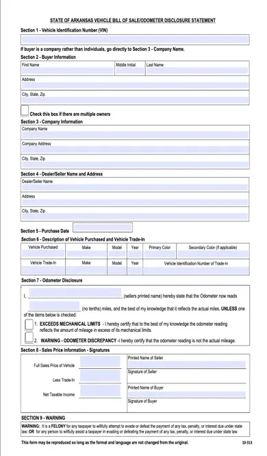 Arkansas Vehicle Bill Of Sale Odometer Disclosure Statement Form Form 10 313