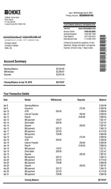 Australian Novelty Bank Statement