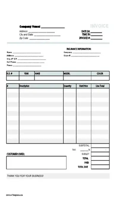 Auto Body Repair Invoice Template