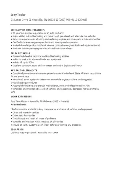 Auto Mechanic Resume Template