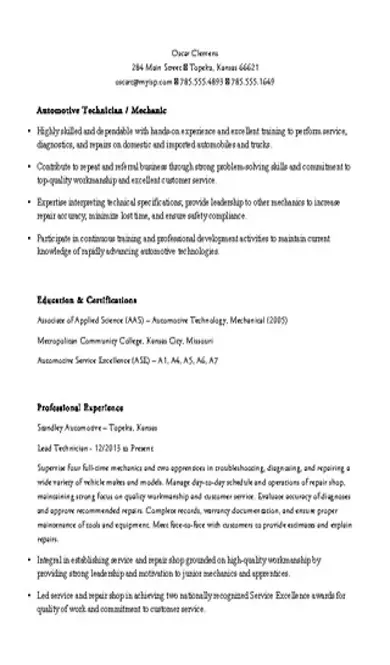 Auto Mechanic Resume