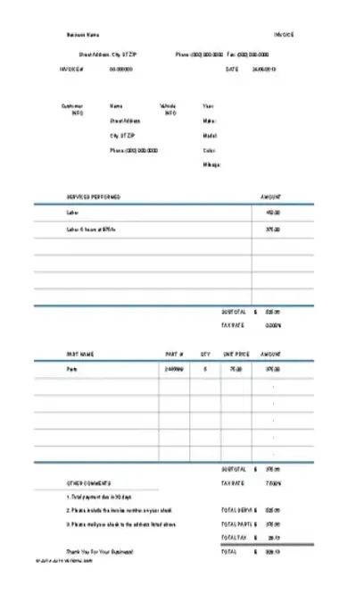 Auto Repairinvoice Free Excel Format Template