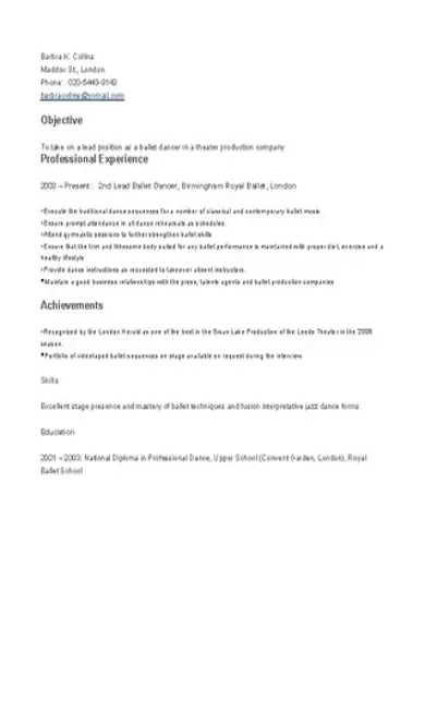 Ballet Dancer Resume