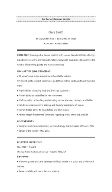 Bar Server Resume Sample