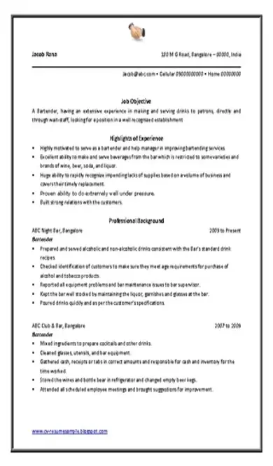 Bartender Resume Template