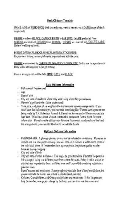 Basic Obituary Information Template Sample