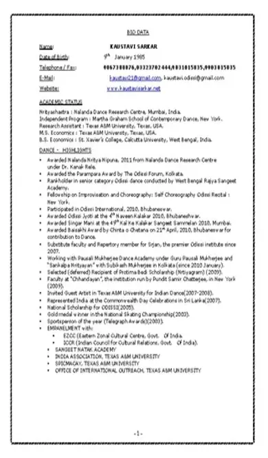 Bharatanatyam Dancer Resume