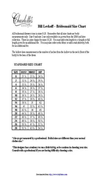 Bill Levkoff Bridesmaid Size Chart