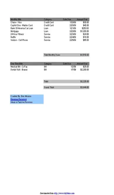 Bill Payment Organizer Chart