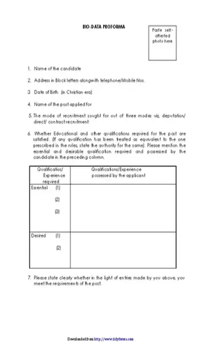 Bio Data Form For Job