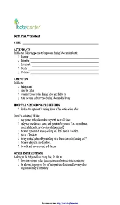 Birth Plan Worksheet 1