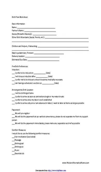 Birth Plan Worksheet 2