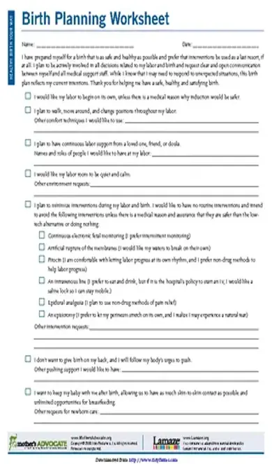 Birth Plan Worksheet 3