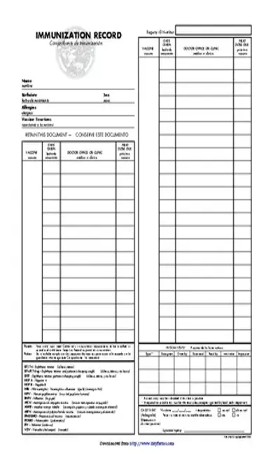 Blank Immunization Record Card