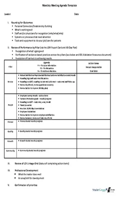 Blank Monthly Meeting Agenda Sample