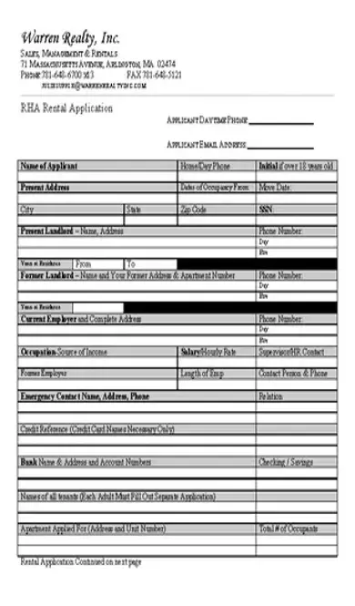 Blank Rental Application Form Template