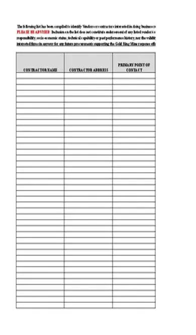 Blank Vendor List Template