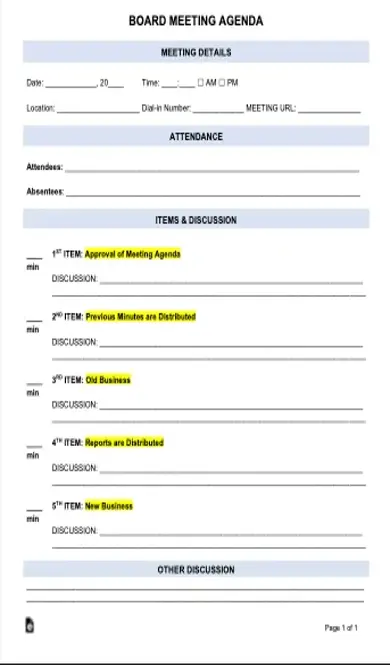 Board Blank Meeting Agenda Template Fillable PDF Form