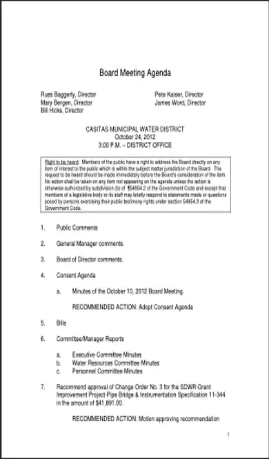 Board Meeting Agenda Template 2 Fillable PDF Form