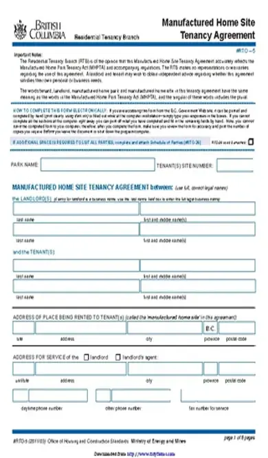 British Columbia Manufactured Home Site Tenancy Agreement Form