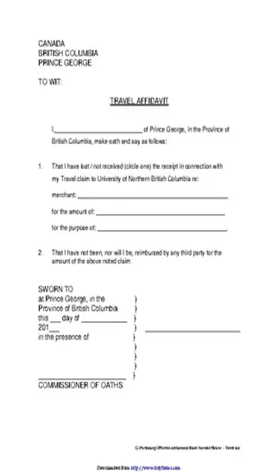 British Columbia Travel Affidavit Form