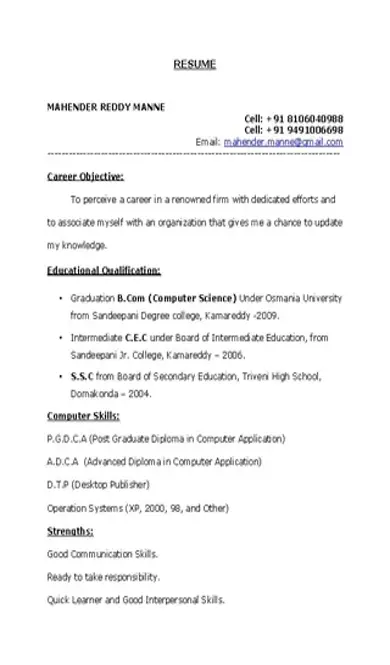 Btech Freshers Resume Format Template