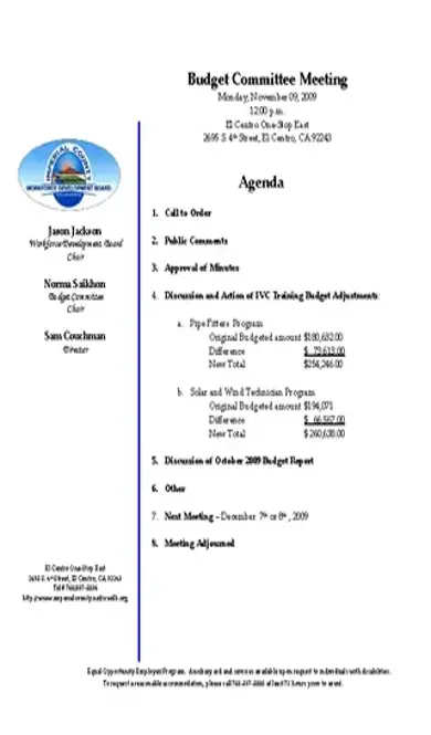 Budget Committee Meeting Agenda Sample