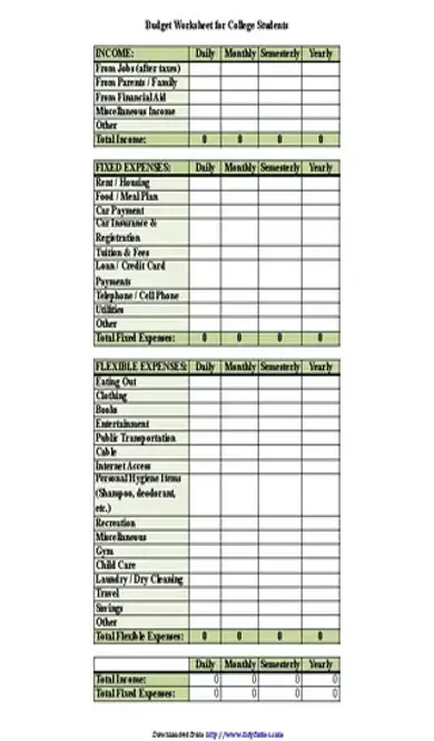 Budget Worksheet For College Students