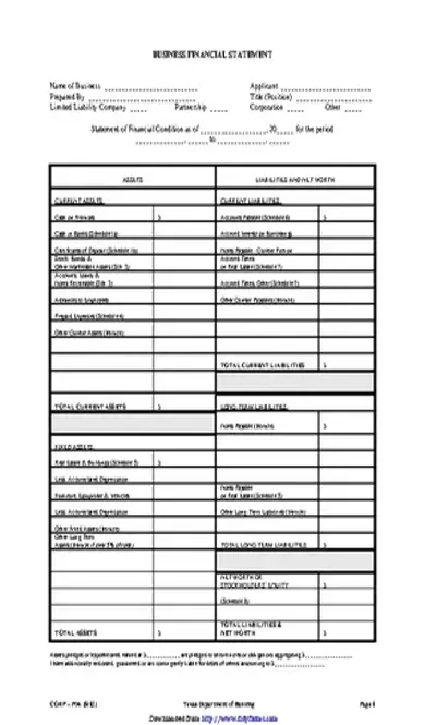 Business Financial Statement Form 1