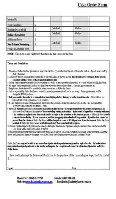 Cake Order Invoice Template