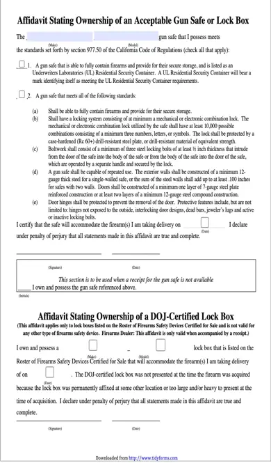 California Affidavit Stating Ownership Of An Acceptable Gun Safe Or Lock Box