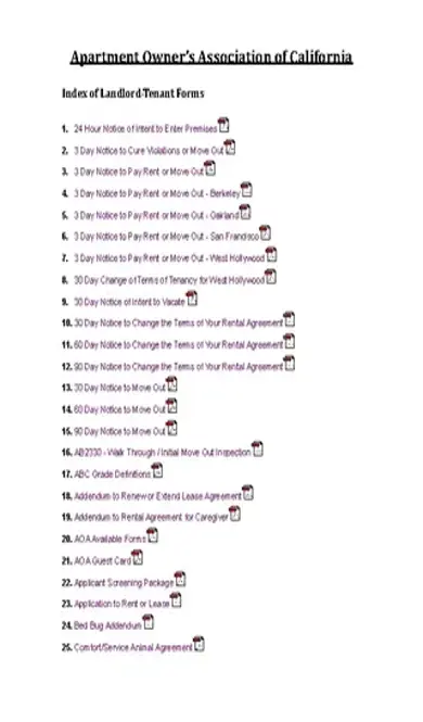 California Apartment Owners Association Index Of Landlord Tenant Forms