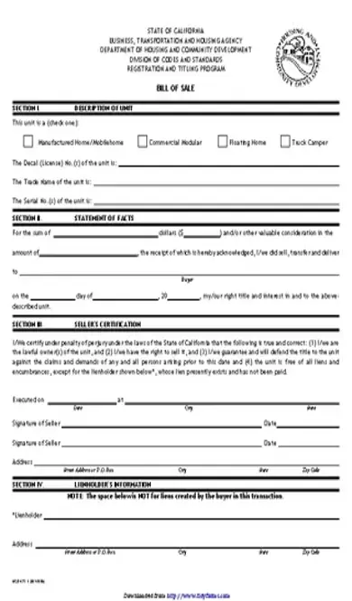 California Bill Of Sale Form