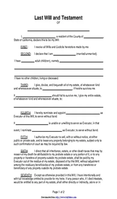 California Last Will And Testament Form 2