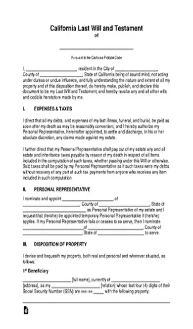 California Last Will And Testament Template