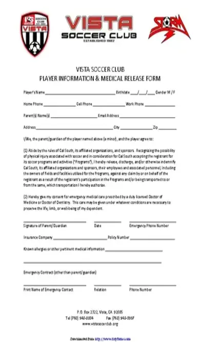 California Player Medical Release Form