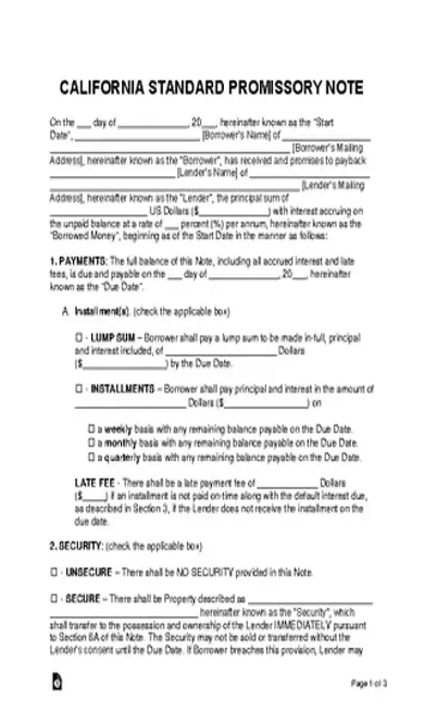 California Standard Promissory Note Template