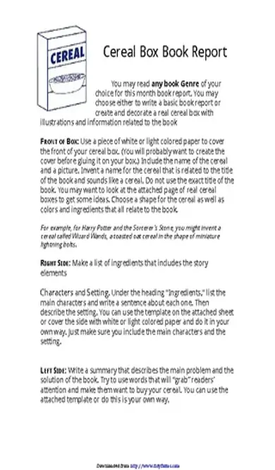 Cereal Box Book Report Template 2