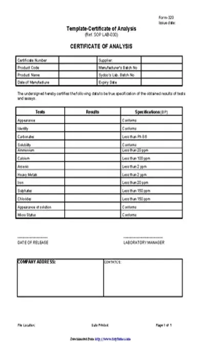 Certificate Of Analysis Template