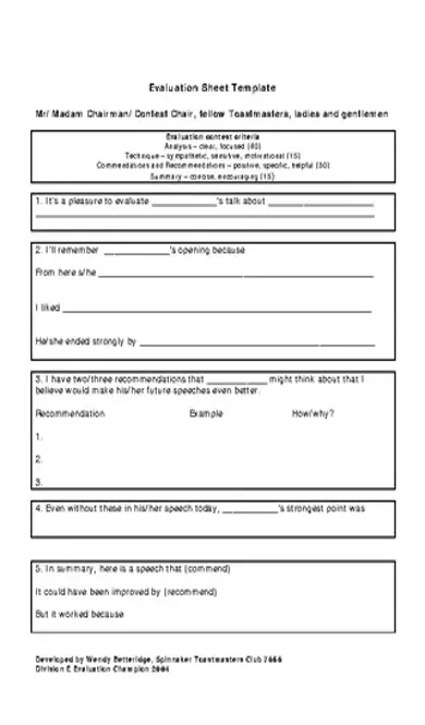 Chairman Toastmasters Evaluation Sheet Template Pdf Printable