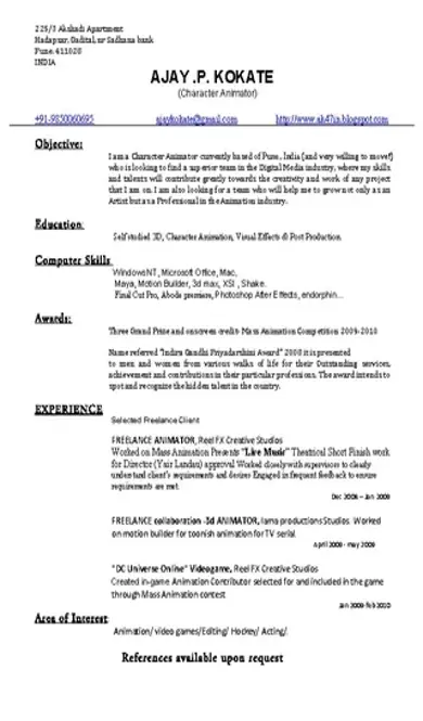 Character Animator Resume