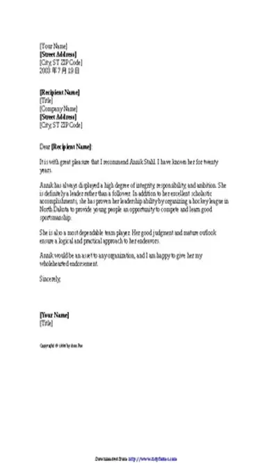 Character Reference Letter Template 1