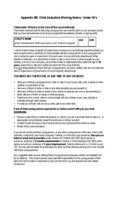 Child Abduction Warning Notice Template