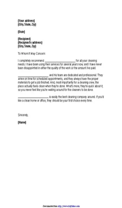 Cleaning Recommendation Letter